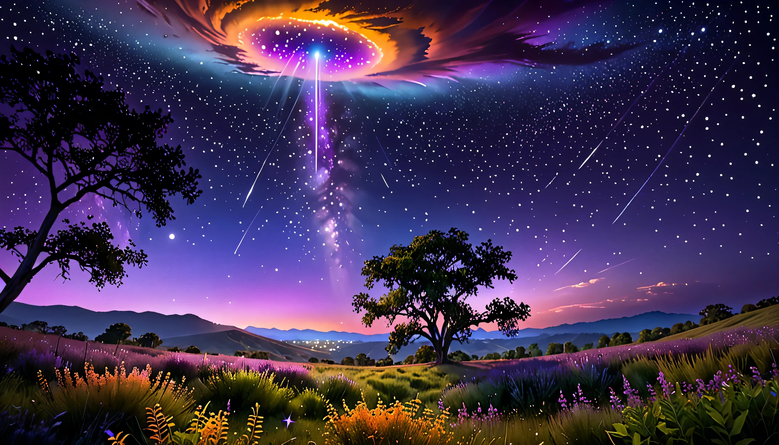 expansive landscape photograph , (a view from below that shows sky above and open field below), (full moon:1.2), ( shooting stars:0.9), (nebula:1.3), distant mountain, tree BREAK
production art, (warm light source:1.2), (Firefly:1.2), lamp, lot of purple and orange, intricate details, volumetric lighting BREAK
(masterpiece:1.2), (best quality), 4k, ultra-detailed, (dynamic composition:1.4), highly detailed, colorful details,( iridescent colors:1.2), (glowing lighting, atmospheric lighting), dreamy, magical, (solo:1.2)