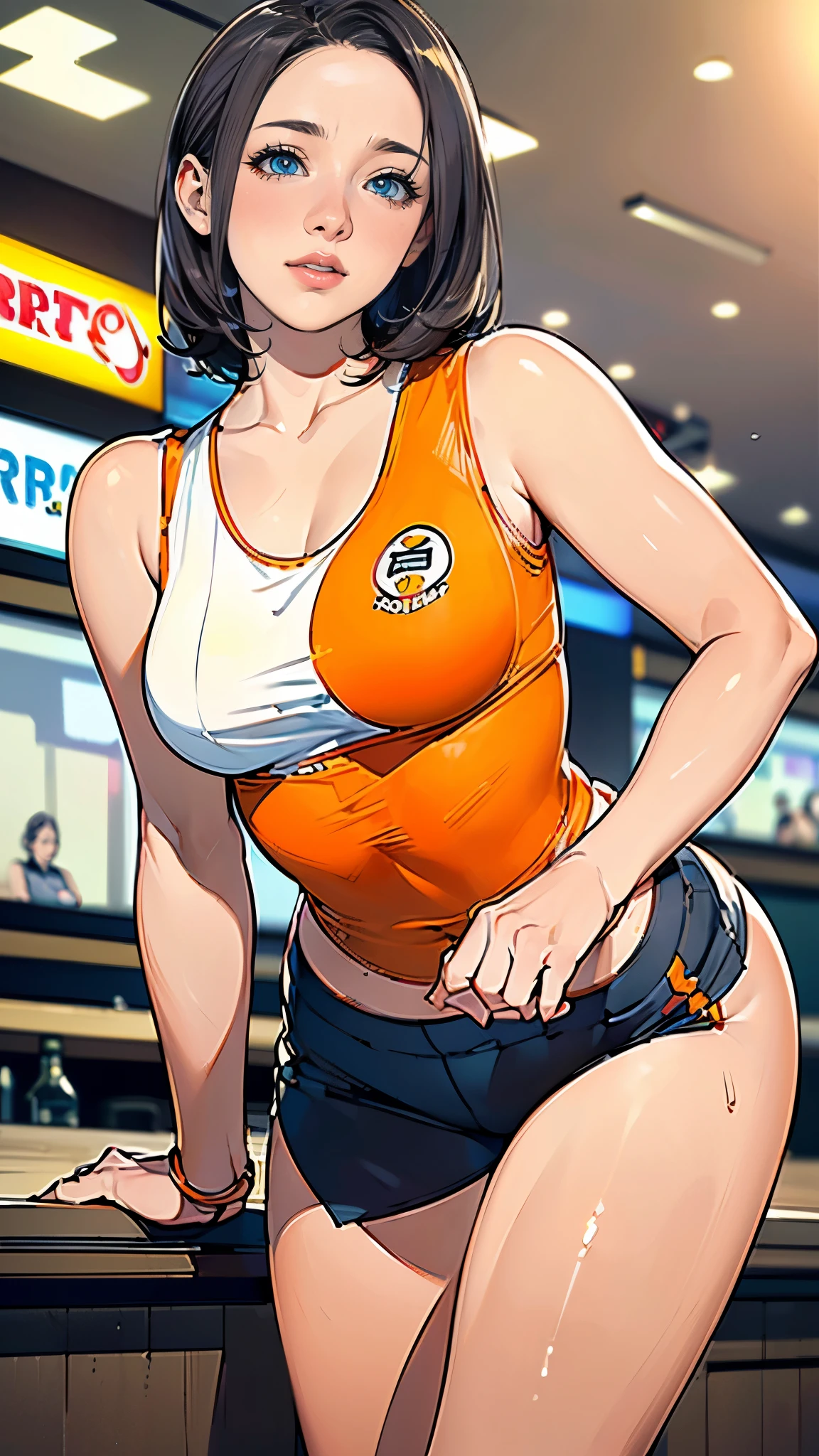 masterpiece,highest quality,Very detailed,High resolution,8k,wallpaper,Perfect lighting,break(One Woman),(Mature woman working as a waiter at a sports bar:1.5),(48 years old),(hooters),(((A very form fitting white tank top:1.5))),((The tank top has the logo of a sports bar on it.:1.5)),(((tiny orange shorts))),(((Very detailedなコスチュームの描画:1.5))),(Beautiful Eyes:1.5),(Detailed face drawing:1.5),(Detailed face drawing:1.5),((Very detailedな女性の手:1.5)),(Shiny skin:1.2),(Big Breasts:1.2),(Thick thighs:1.5),(Sensual body:1.5),(Sports bar background:1.5),(((Blur the background:1.5))),(((I&#39;m embarrassed:1.5)))