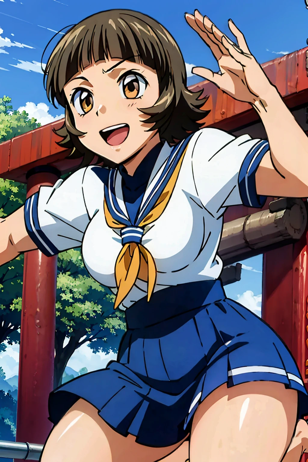(masterpiece:1.3),(highest quality:1.4),(Super detailed:1.5),8K,High resolution,an extremely delicate and beautiful,Official Art,Perfect Anatomy,(anime_screencap:1.11),(90s Anime,90s Anime style,Cel-shaded anime:1.17),
anime coloring,detailed face and eyes, (solo:1.5),(anmnr:1.1),((ekitokuwz:1.52)),(school uniform:1.3),serafuku,short brown hair, pleated skirt, blue skirt, brown eyes, yellow neckerchief, short sleeves, japanese architecture,
Outdoor, sunny, Jumping, :d