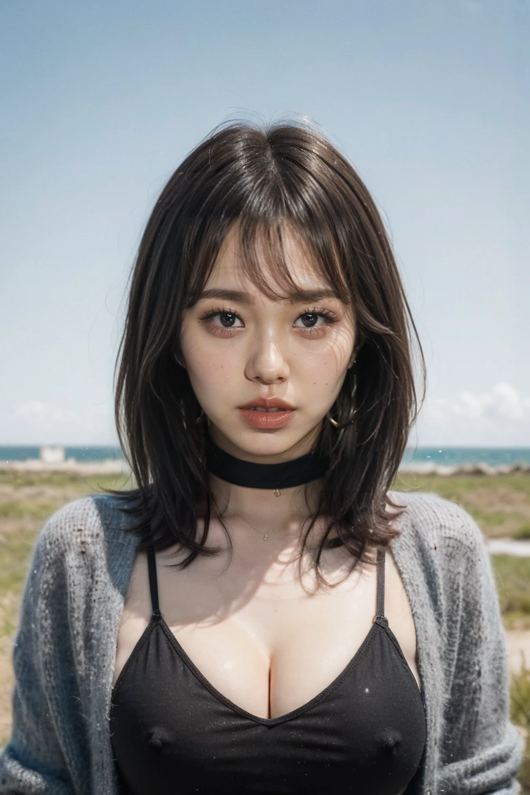 (highest quality,8k,32k,masterpiece,Ultra-high resolution:1.2),((Sexy expression:1.2)), ((Medium Hair,Beautiful bangs:1.5)), Positive, Professional Lighting, Flash photography, Shaded photo,((Cleavage:1.5)),((small breast)), (full body:1.2), Choker Necklace, Plain grey background, (Plain Horizon Studio:1.8),((black clothes with a wide open chest:1.2, Tight clothing:1.2)), ((I can't look directly at the nipples:1.5, Know the shape of your nipples:1.6))