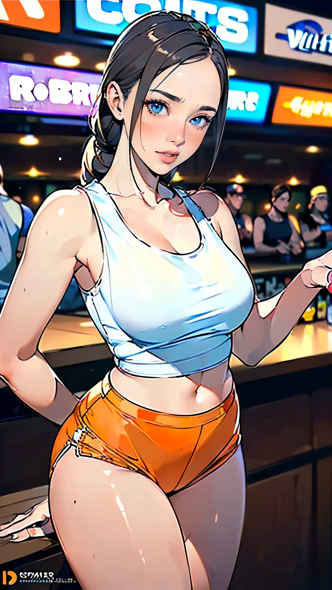 masterpiece,highest quality,Very detailed,High resolution,8k,wallpaper,Perfect lighting,break(One Woman),(Mature woman working as a waiter at a sports bar:1.5),(48 years old),(hooters),(((A very form fitting white tank top:1.5))),((The tank top has the logo of a sports bar on it.:1.5)),(((tiny orange shorts))),(((Very detailedなコスチュームの描画:1.5))),(Beautiful Eyes:1.5),(Detailed face drawing:1.5),(Detailed face drawing:1.5),((Very detailedな女性の手:1.5)),(Shiny skin:1.2),(Big Breasts:1.2),(Thick thighs:1.5),(Sensual body:1.5),(Sports bar background:1.5),(((Blur the background:1.5))),(((I&#39;m embarrassed:1.5)))