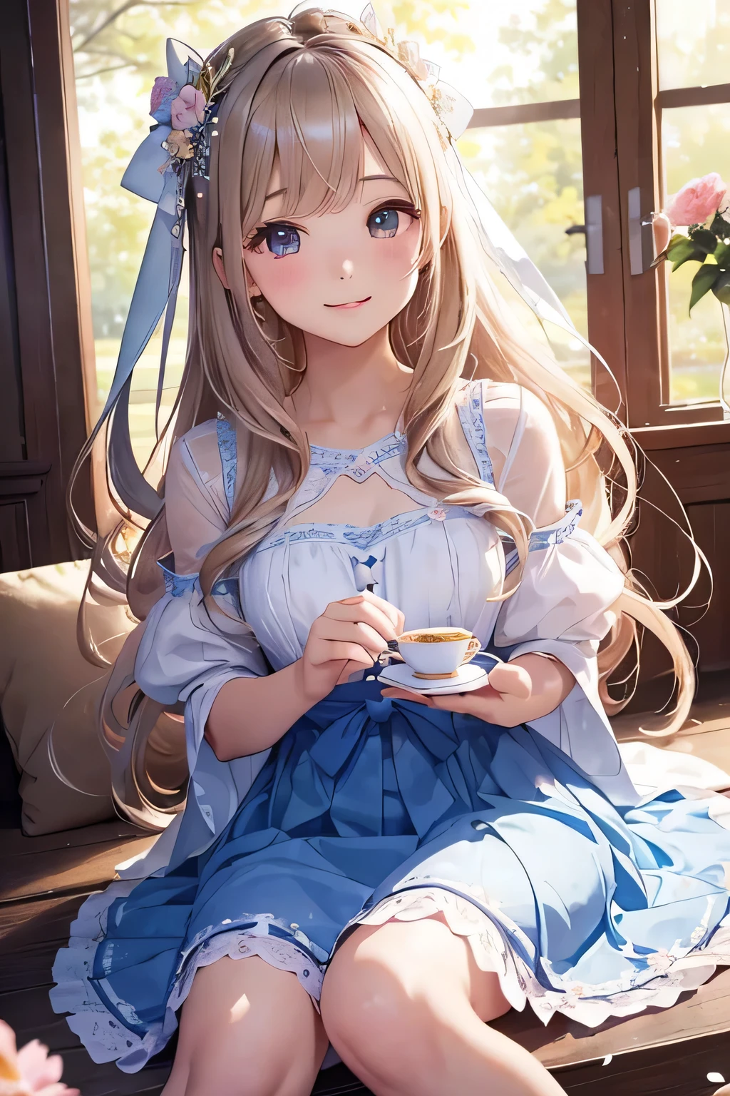 highest quality、High resolution、Detailed Background、(Detailed eyes:1.2)、 beauty、(Highly detailed face:1.4)、
As the petals flutter、Let your smile bloom、Enjoy a tea party like a princess、
An elegant dance with swaying ribbons、I&#39;m captivated by her cute behavior、
Eating snacks while chatting、A heartwarming moment、Precious memories、
It&#39;s like a dream、Sparkling Eyes、Endless fun times、
Hair that clings to fluffy clothes、I&#39;m fascinated by the adorable appearance、
Every single one of her movements is so cute、A feeling of longing wells up inside me、
I want to be surrounded by your gentle smile、Irreplaceable moments of happiness、
Her innocent expression is somehow angelic、I&#39;m sure everyone will be enthralled by it.