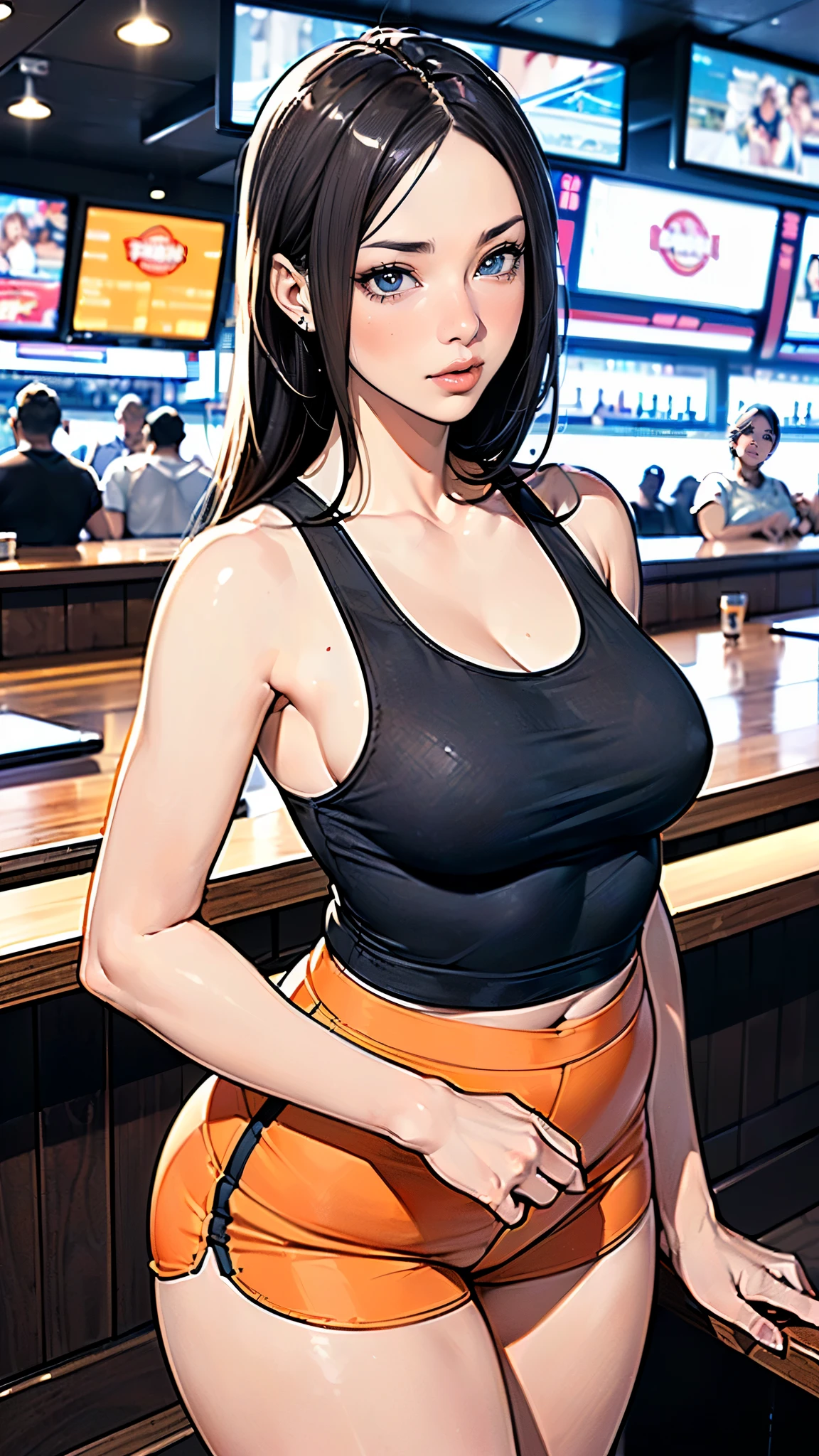 masterpiece,highest quality,Very detailed,High resolution,8k,wallpaper,Perfect lighting,break(One Woman),(Mature woman working as a waiter at a sports bar:1.5),(48 years old),(hooters),(((A very form fitting white tank top:1.5))),((The tank top has the logo of a sports bar on it.:1.5)),(((tiny orange shorts))),(((Very detailedなコスチュームの描画:1.5))),(Beautiful Eyes:1.5),(Detailed face drawing:1.5),(Detailed face drawing:1.5),((Very detailedな女性の手:1.5)),(Shiny skin:1.2),(Big Breasts:1.2),(Thick thighs:1.5),(Sensual body:1.5),(Sports bar background:1.5),(((Blur the background:1.5))),(((I&#39;m embarrassed:1.5)))