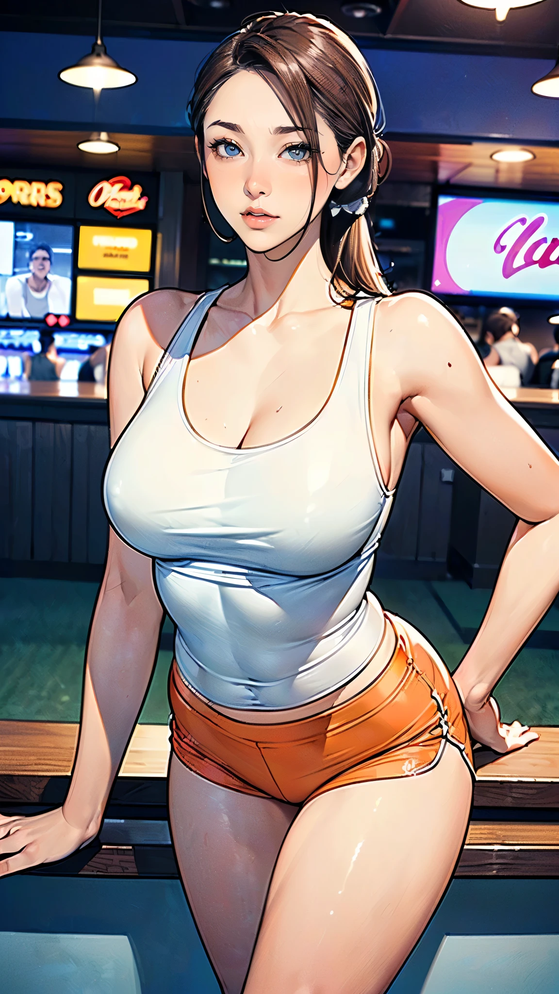 masterpiece,highest quality,Very detailed,High resolution,8k,wallpaper,Perfect lighting,break(One Woman),(Mature woman working as a waiter at a sports bar:1.5),(48 years old),(hooters),(((A very form fitting white tank top:1.5))),((The tank top has the logo of a sports bar on it.:1.5)),(((tiny orange shorts))),(((Very detailedなコスチュームの描画:1.5))),(Beautiful Eyes:1.5),(Detailed face drawing:1.5),(Detailed face drawing:1.5),((Very detailedな女性の手:1.5)),(Shiny skin:1.2),(Big Breasts:1.2),(Thick thighs:1.5),(Sensual body:1.5),(Sports bar background:1.5),(((Blur the background:1.5))),(((I&#39;m embarrassed:1.5)))