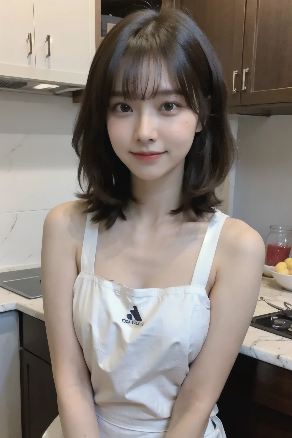 A woman is cooking、(kitchen_apron:1.Wear 5)、4K、High resolution、masterpiece、highest quality、cap:1.3、((Hasselblad Photos))、Fine skin、Sharp focus、(Cinematic lighting)、Soft lighting、Dynamic Angle、[:(Detailed face:2.2):0.2]、Mid-chest、Sweaty skin:1.2、Cute Smile、No sleeve、Put your arms out、Cleanliness