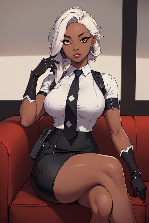(masterpiece,best quality,absurdres,beautiful,sharp,detailed),sitting,crossed legs,1girl,antonia,dark skin, necktie, two tone hair, eyeliner, pencil_skirt, gloves, single thigh holster,
