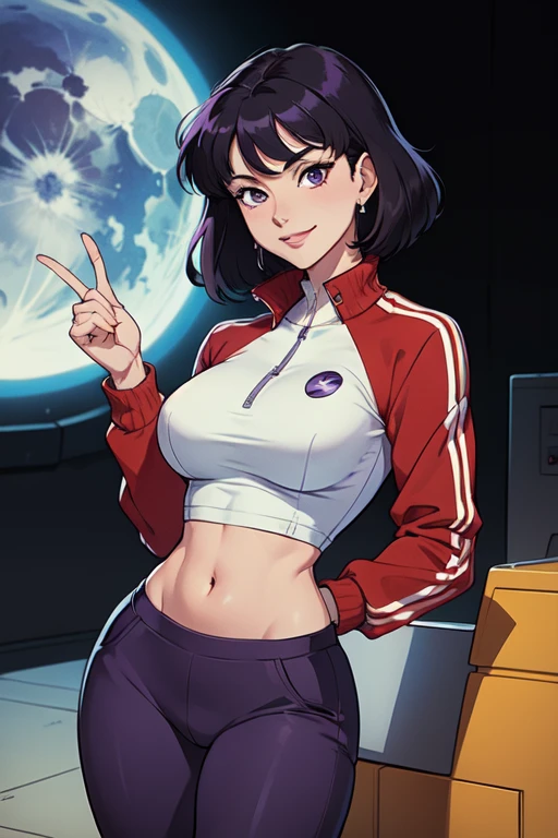 masterpiece, best quality, 1girl, solo, looking at viewer, anime screencap,1990s \(style\), (art by Naoko Takeuchi), EPsmSailorSaturn, short hair, black hair, purple eyes, BREAK
omake, spaceship, night, index finger raised, track jacket, pom-pom pants, naughty smile