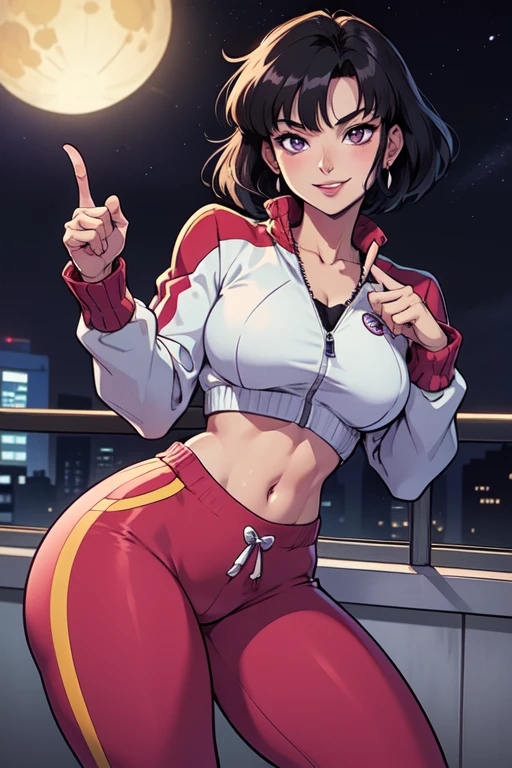 masterpiece, best quality, 1girl, solo, looking at viewer, anime screencap,1990s \(style\), (art by Naoko Takeuchi), EPsmSailorSaturn, short hair, black hair, purple eyes, BREAK
omake, spaceship, night, index finger raised, track jacket, pom-pom pants, naughty smile