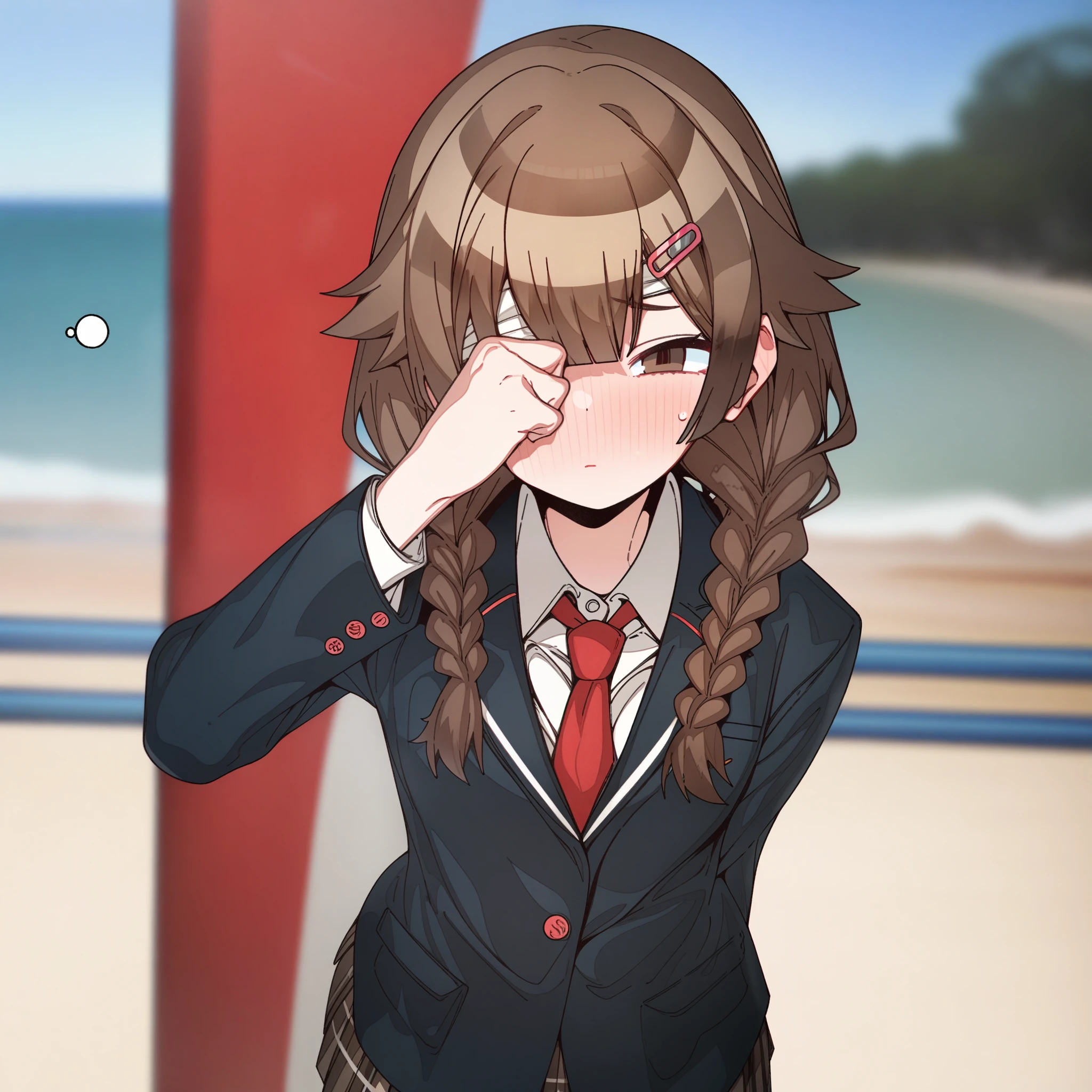 (hoshino_(blue_archive) with brown hair and brown eyes, Artist, erere, Copyrights, idolmaster, idolmaster_shiny_colors, Character, General, 1girl, brown_hair, blunt_bangs, blush, medium_breasts, breasts, detailed eyelashes, beatiful girl:1, brown_eyes, censored, school_uniform, pleated skirt, blazer, hair_clip, twin_braids, rubbing_eyes, sleepy, red tie, medium shot photography:1.1), standing in middle:1.1, beach:1.1, sky:1.5, half-closed_eyes, detailed, outdoors, looking_at_viewer, masterpiece, best_quality, great_quality, girl, solo, center_composition, centered character, cute, ((bandages_over_one_eye, bandages, bandaged head, disabled))