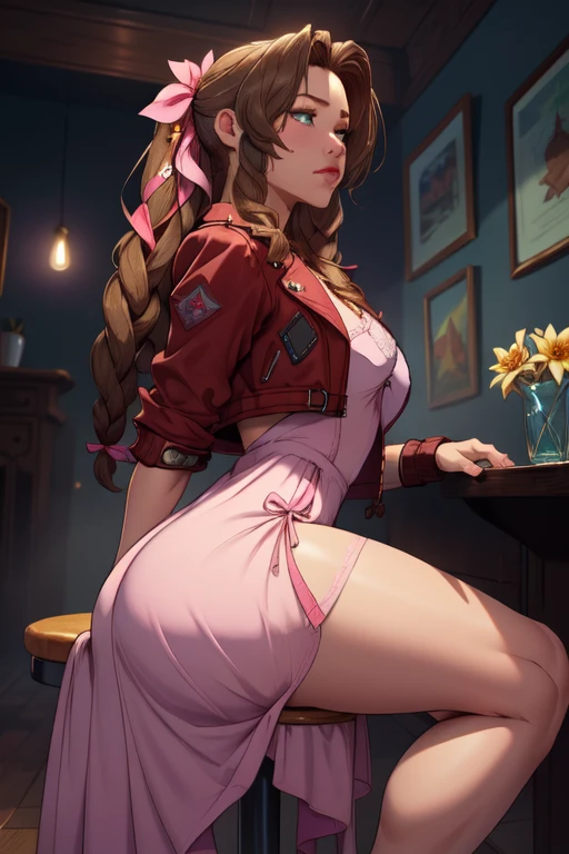 masterpiece, best qarity, Aerith Gainsborough, She is standing, she is raised, short dress, Athletic build, thin waste, broad hips, perky ass, gargantilha, Short jacket, hair bow, bracelet, pink dress, spectator side, smile, mouth shut, inside, stained glass, legs thick, big boobies, very short dress, she is standing, She is standing, photo studio scenery, lighting, professional foto,