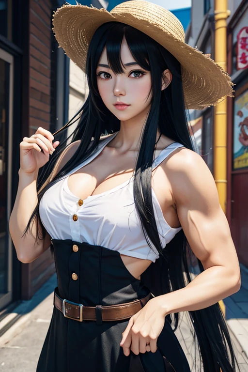 anime muscular girl with long black hair wearing a straw hat, anime style 4 k, beautiful anime portrait, anime moe artstyle, anime art wallpaper 4k, anime art wallpaper 4 k, high quality anime artstyle, anime style portrait, guweiz, artwork in the style of guweiz, detailed digital anime art, anime art wallpaper 8 k, cute anime girl portraits
