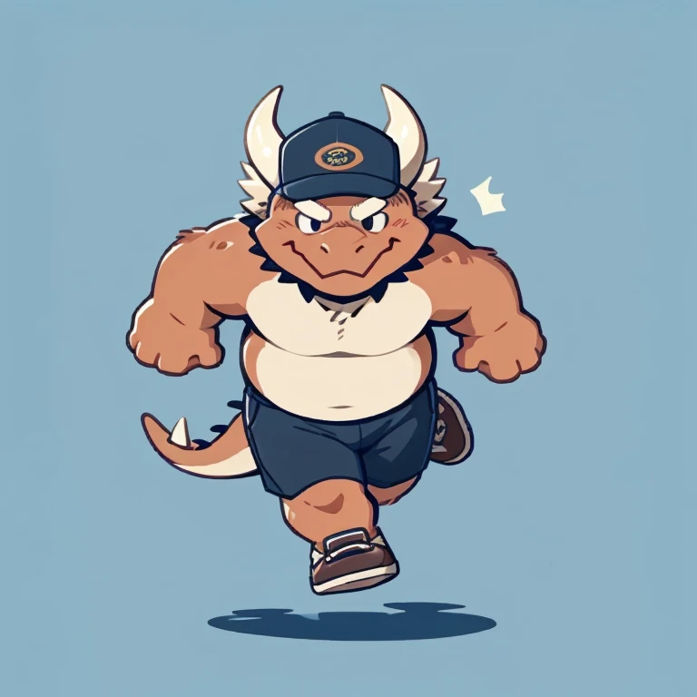 dragon face,Cute face,Humanity(dragon), (cap, running) , Chubby,(white eyebrows:1.1),(perfect black eyes),Simple background, Blue Background,print style。（Artist:Takemoto Arashi