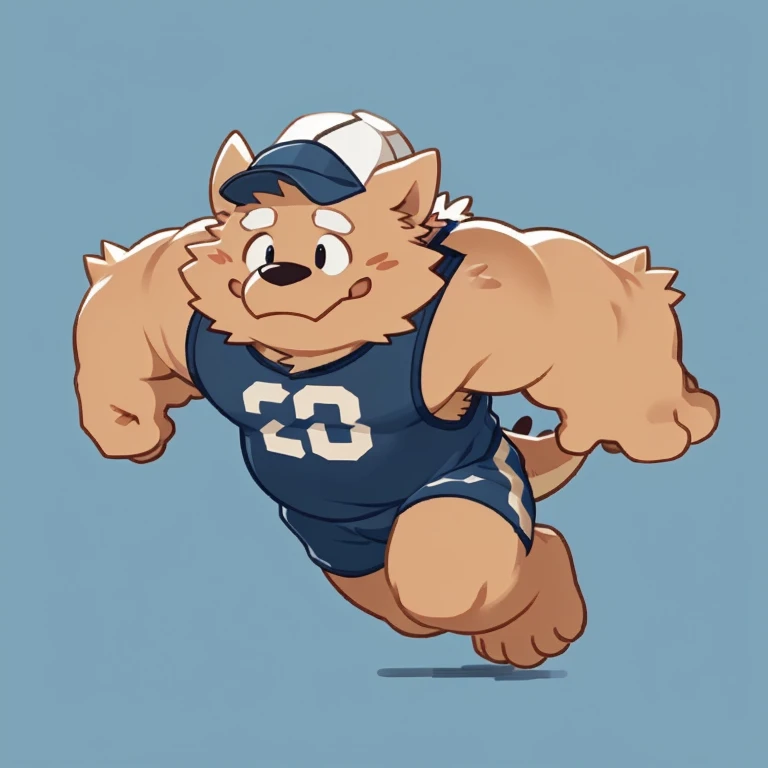 dragon face,Cute face,Humanity(dragon), (cap, running) , Chubby,(white eyebrows:1.1),(perfect black eyes),Simple background, Blue Background,print style。(Artist:Takemoto Arashi