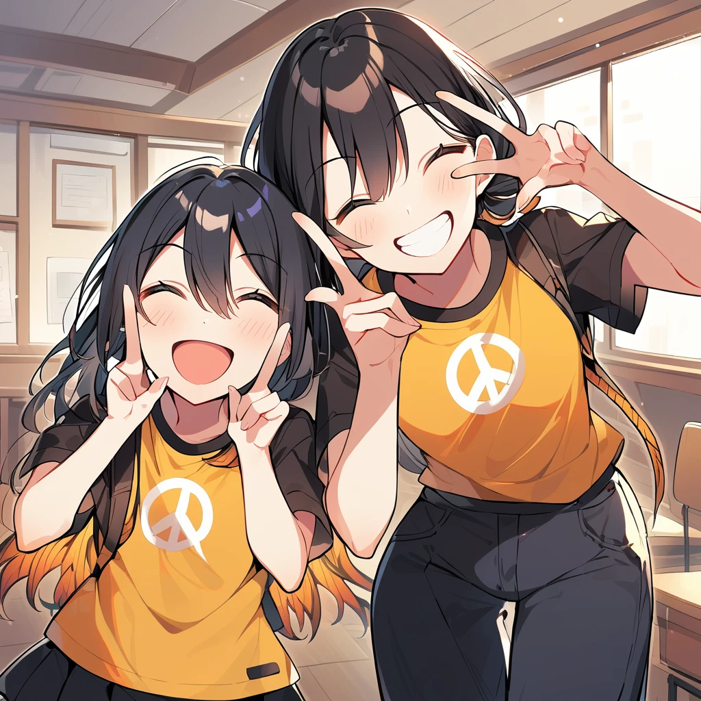 A confident smile, Two students demonstrating a gesture commonly associated with a peace sign while speaking by, slacks, Black Hair, indoor, in, skirt, shirt, ((((complete fiine fingers))))