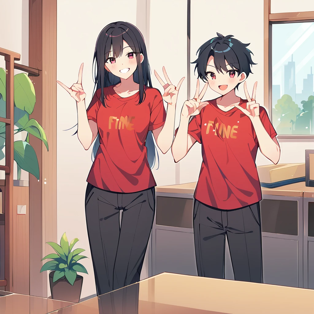 A confident smile, Two students demonstrating a gesture commonly associated with a peace sign while speaking by, slacks, Black Hair, indoor, in, skirt, shirt, ((((complete fiine fingers))))