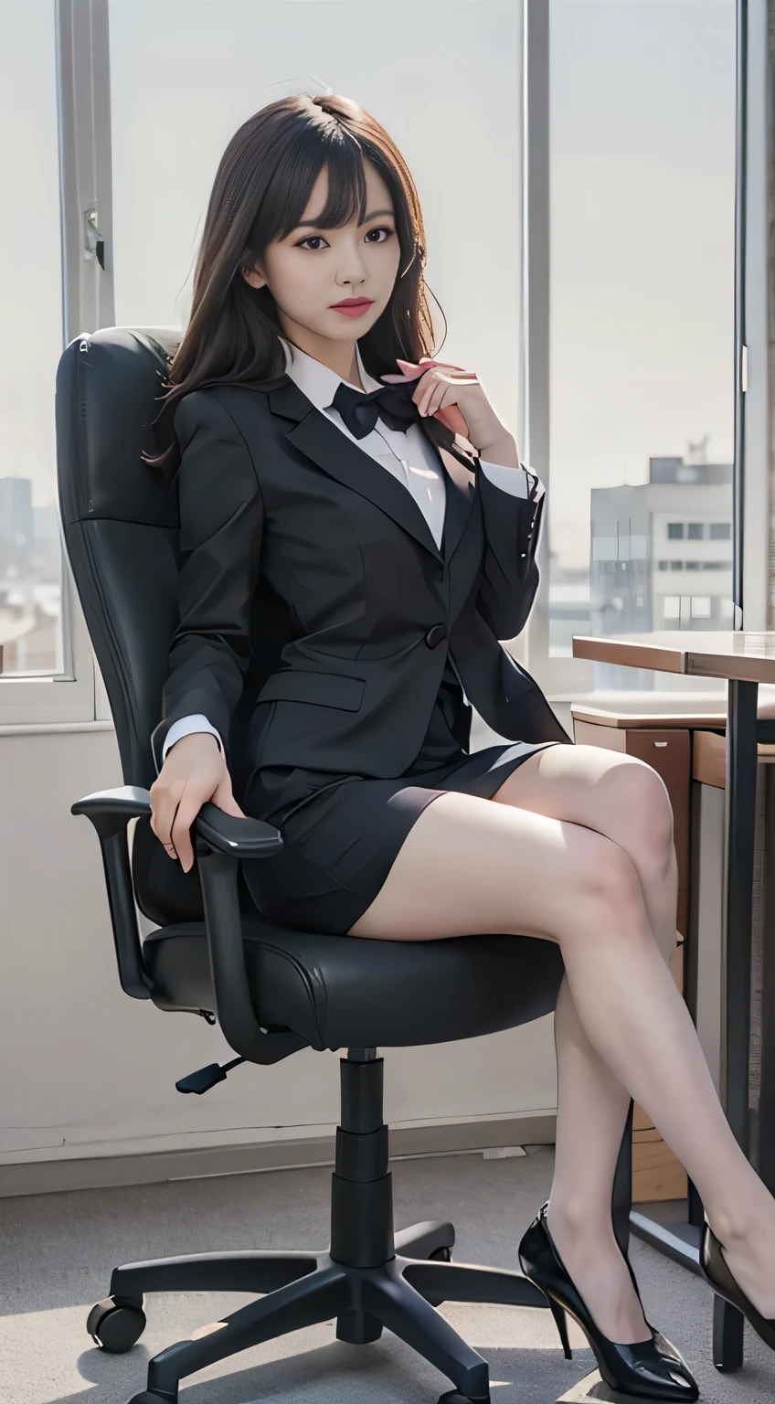 Best quality, full body portrait, delicate face, pretty face, 25 year old woman, slim figure, small bust, OL uniform, office clothes, black stockings, sitting position, inside a posh office, sitting on a high backed chair, looking out a big window