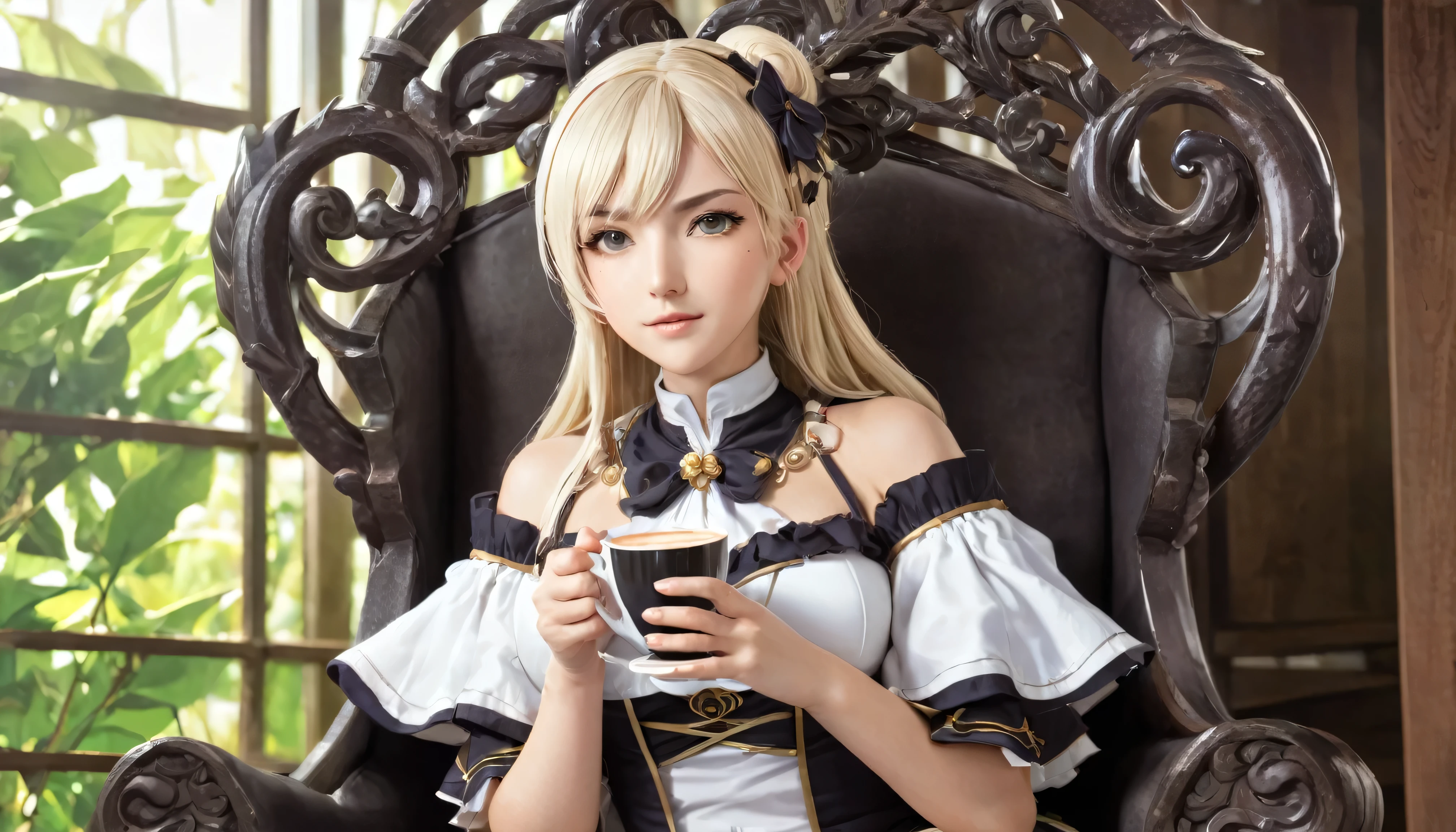 Anime girl sitting on a chair with a coffee cup in her hand, Alchemist Girl, Light novel cover, Official Art, Epic light novel art cover, Official Artwork, epic Light novel cover, change, isekai, small curve change, Kushat Wreath, Kshat Krentz Key Art Feminine, Shadowverse Style, Moe Dwarf,