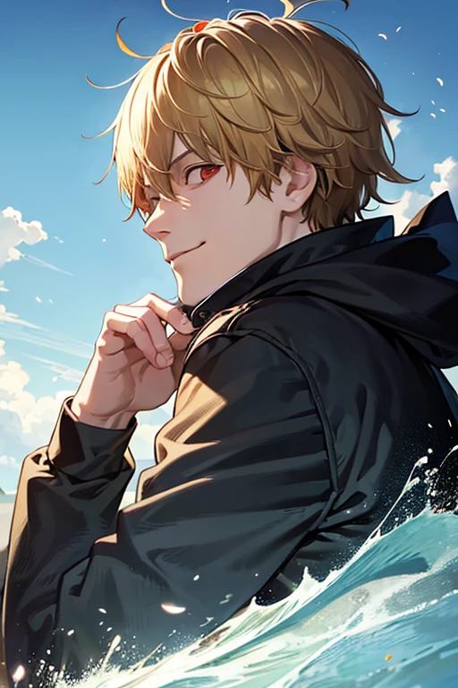 1boy, male_focus, short_hair, wilde_hair, (blonde_hair), solo, (masterpiece, top quality, best quality, official art), very detailed, colorful, most detailed, short hair, , handsome_man, wavy_hair, (upper_body), ((side_view, looking_at_viewer)), ((smirk)), closed_mouth, ken kaneki, artwork in the style of guweiz, best anime 8k konachan wallpaper, hajime yatate, in an anime style, satoru gojo, denji