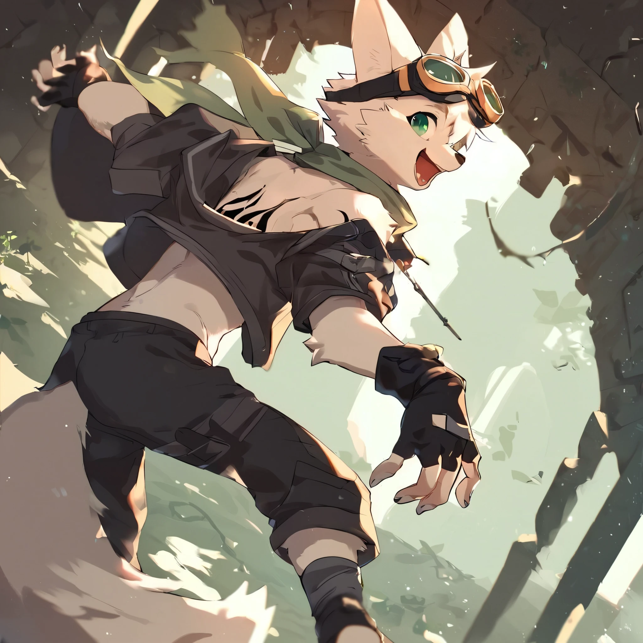 score_9,score_8_up,score_7_up,score_6_up,
Ruins Adventure,
outside,sunshine,Stretch arm,
kemono,anime,solo,laughing,look back,
fox male,((white fur)),(black tattoo left arm),((white fingernails)),green eyes,
white scarf,pants,cross necklace,partially_fingerless_gloves,((off-shoulder coat)),(black midriff),toeless_legwear,goggles,