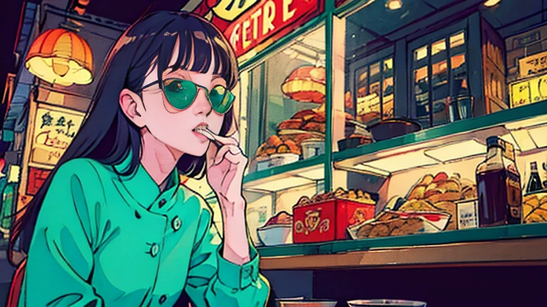 Beautiful redhead Asian girl sitting in a restaurant at night, Visible from the window, Perfect Face, sunglasses, Smoking white Taylormade cigarettes, Neon Black, (Backlit: 1.1), Three-dimensional shadows, masterpiece, highest quality, complicated, Model shooting style, Vintage, Film Grain, Incomplete details