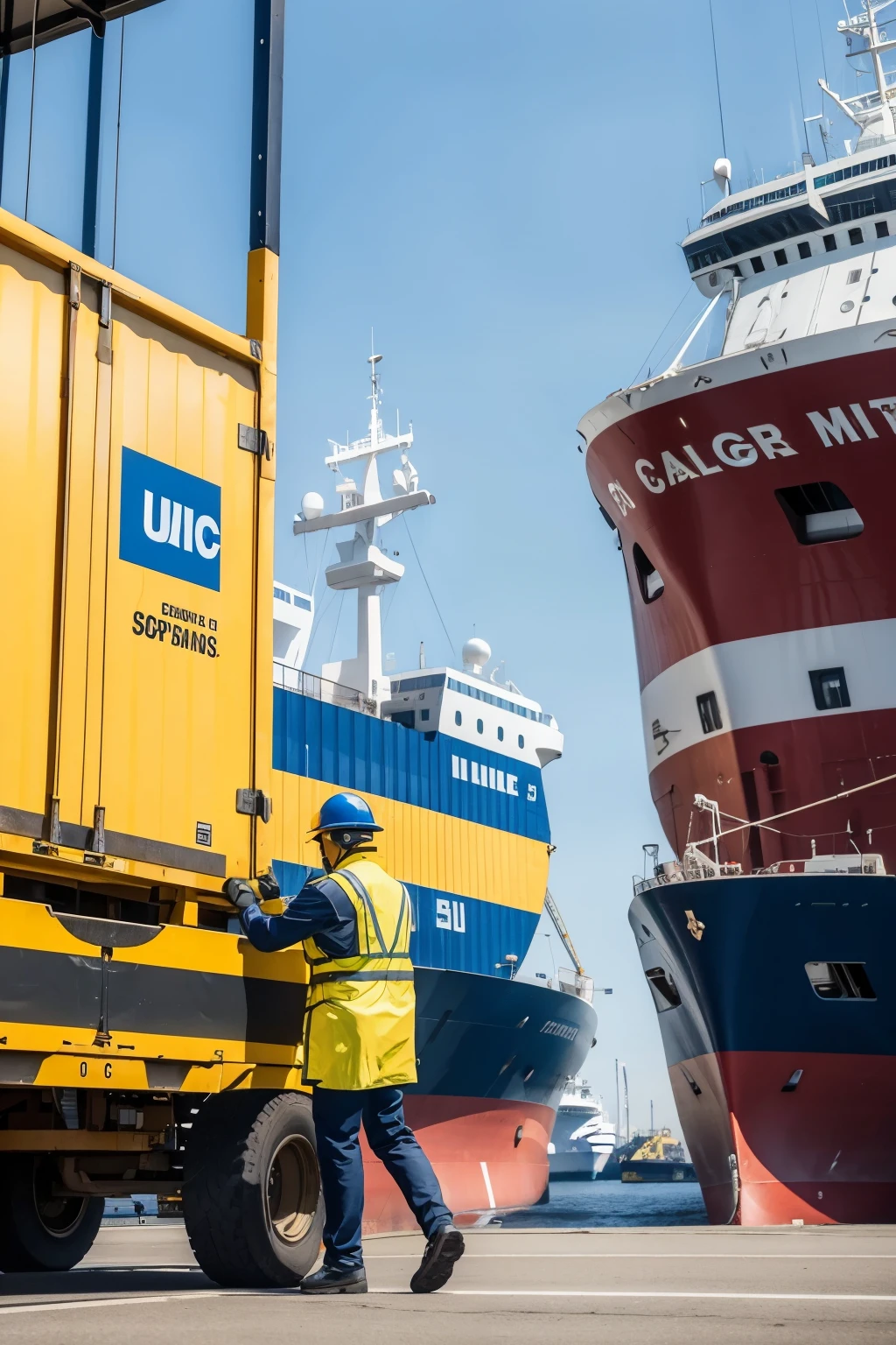 men in yellow safety vests with blue stripes working unloading cargo next to a ship