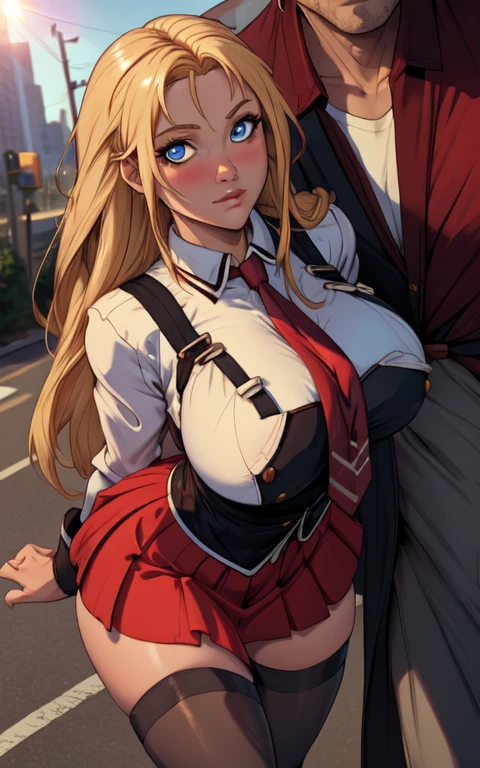 ((masterpiece, best quality)), insaneres, absurdres, solo, outdoors,
CLOTHING_BibleBlack_SchoolDress_ownwaifu,
1girl, blonde hair, long hair, blue eyes,
black vest, red skirt, white shirt, collared shirt, suspenders, , black thighhighs, zettai ryouiki, necktie, long sleeves, pleated skirt, red necktie,
(portrait, close-up)lens flare, depth of field, bokeh, embers, vanishing point, looking at viewer,