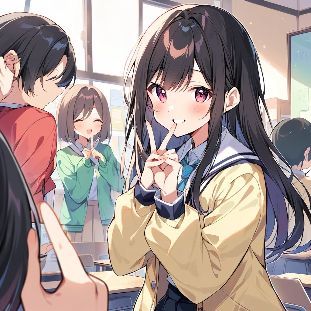 A confident smile, Two students demonstrating a gesture commonly associated with a peace sign while speaking by teacher in classroom, skirt, Black Hair, indoor, smartphone, shirt, ((((complete fiでe fingers))))