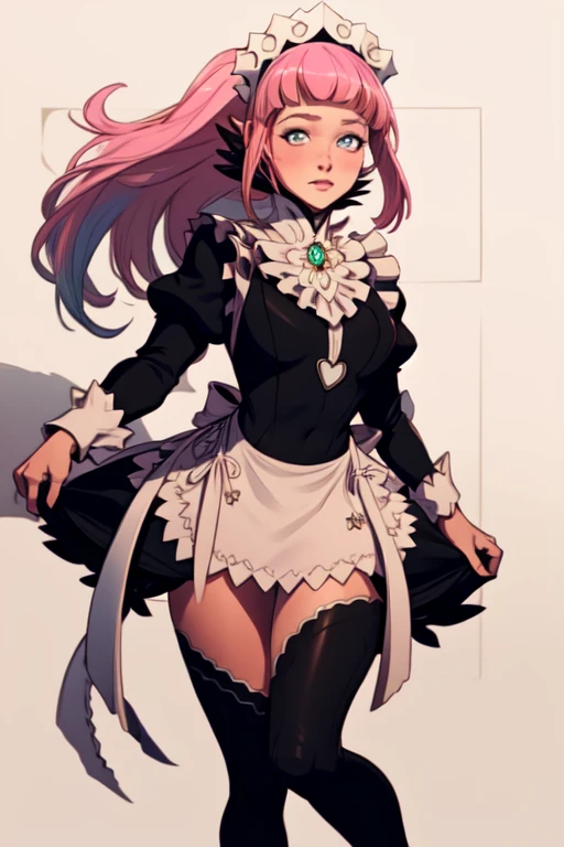 masterpiece, best quality, casual,  fefelicia, blue gem, maid headdress, pink hair, maid outfit, white apron, black thighhighs, high heels, Cairo, Egypt