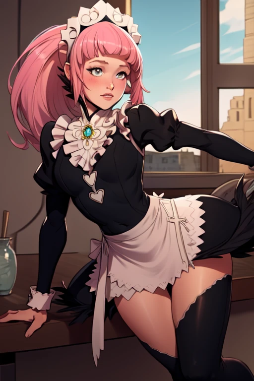 masterpiece, best quality, casual,  fefelicia, blue gem, maid headdress, pink hair, maid outfit, white apron, black thighhighs, high heels, Cairo, Egypt