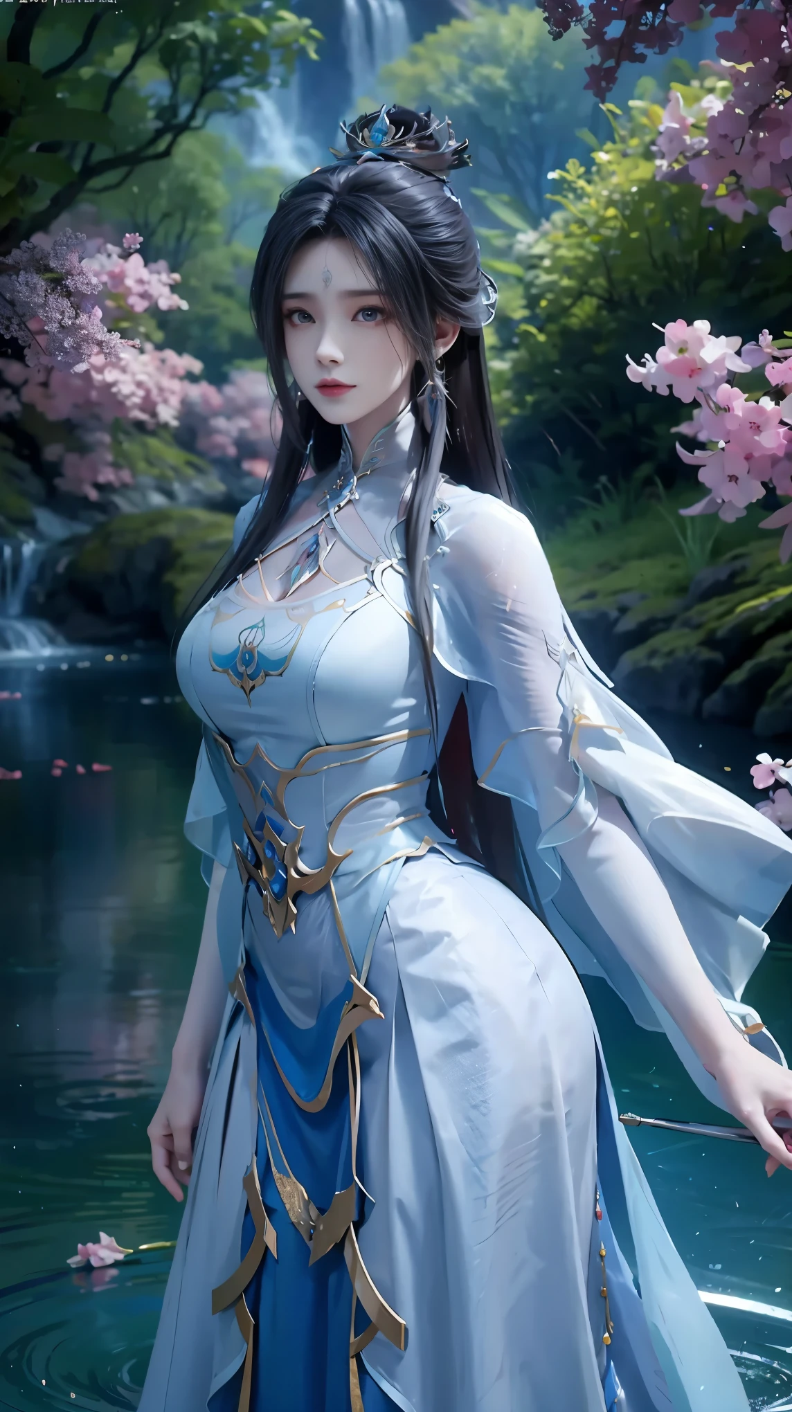 The painting depicts a woman in a blue dress standing in a pool of water, Beautiful character painting, ((Beautiful fantasy queen)), bovo art style, closeup fantasy with water magic, Artwork in the style of Guweiz, Inspired by Chen Yifei, Ethereal Beauty, Beautiful fantasy queen, Inspired by Zhang Yan, palace ， girl wearing hanfu