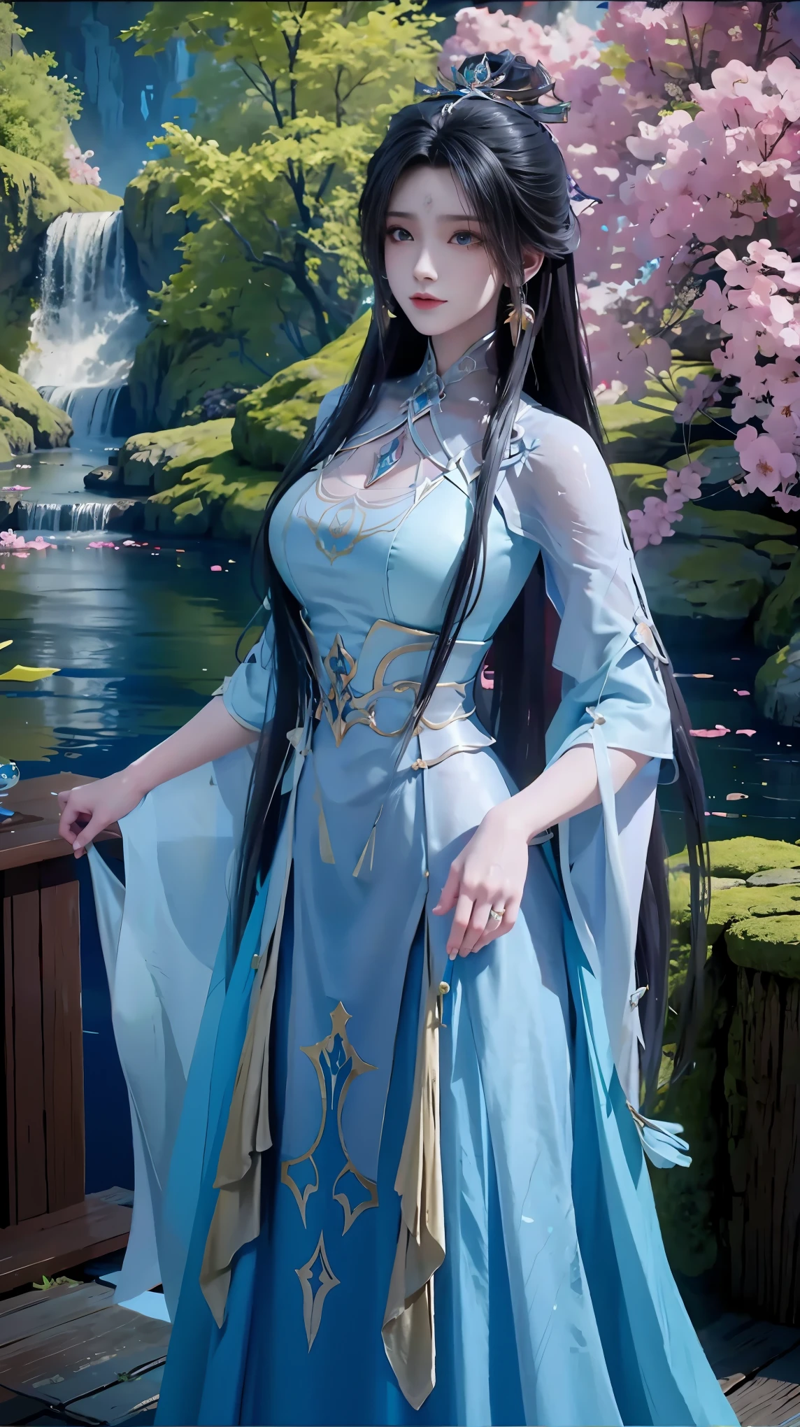 The painting depicts a woman in a blue dress standing in a pool of water, Beautiful character painting, ((Beautiful fantasy queen)), bovo art style, closeup fantasy with water magic, Artwork in the style of Guweiz, Inspired by Chen Yifei, Ethereal Beauty, Beautiful fantasy queen, Inspired by Zhang Yan, palace ， girl wearing hanfu