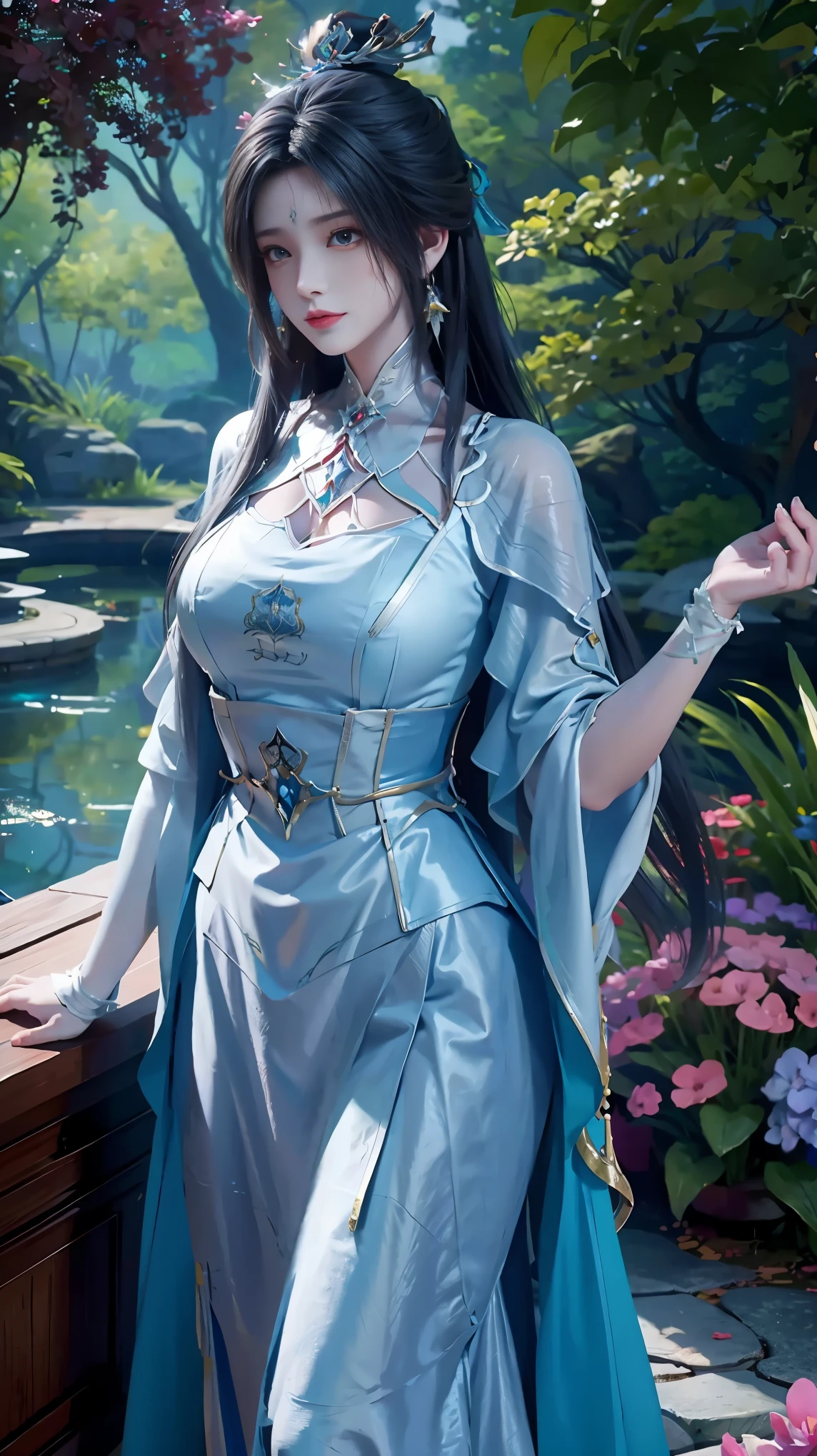 The painting depicts a woman in a blue dress standing in a pool of water, Beautiful character painting, ((Beautiful fantasy queen)), bovo art style, closeup fantasy with water magic, Artwork in the style of Guweiz, Inspired by Chen Yifei, Ethereal Beauty, Beautiful fantasy queen, Inspired by Zhang Yan, palace ， girl wearing hanfu