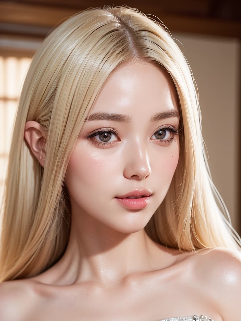 (Hyper-realistic and incredibly detailed illustration of a captivating goddess face, showcasing meticulously crafted details such as almond-shaped eyes with long, thick lashes, a captivating round nose, and full, delicate lips in a slightly parted smile.)
(Best illustration of a stunning, high-resolution, 8K image, featuring professional lighting that accentuates the beauty of the model's captivating, almond-shaped eyes, round nose, and full lips.)
(The details in this top-quality, ultra-detailed illustration are flawlessly executed, with a focus on the model's platinum blonde, shag