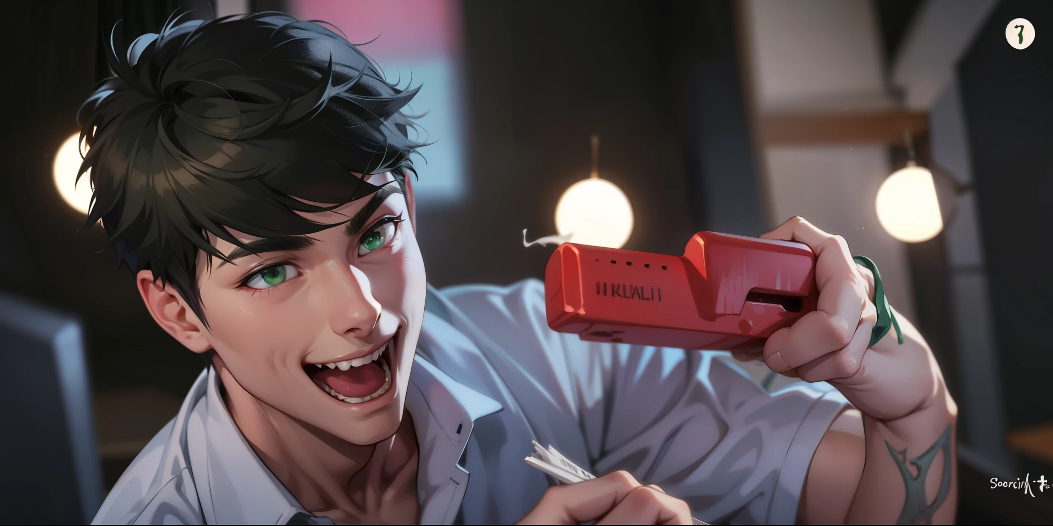 white hair green eyes is talking and laughing mischievously with malice cute 17 year old boy