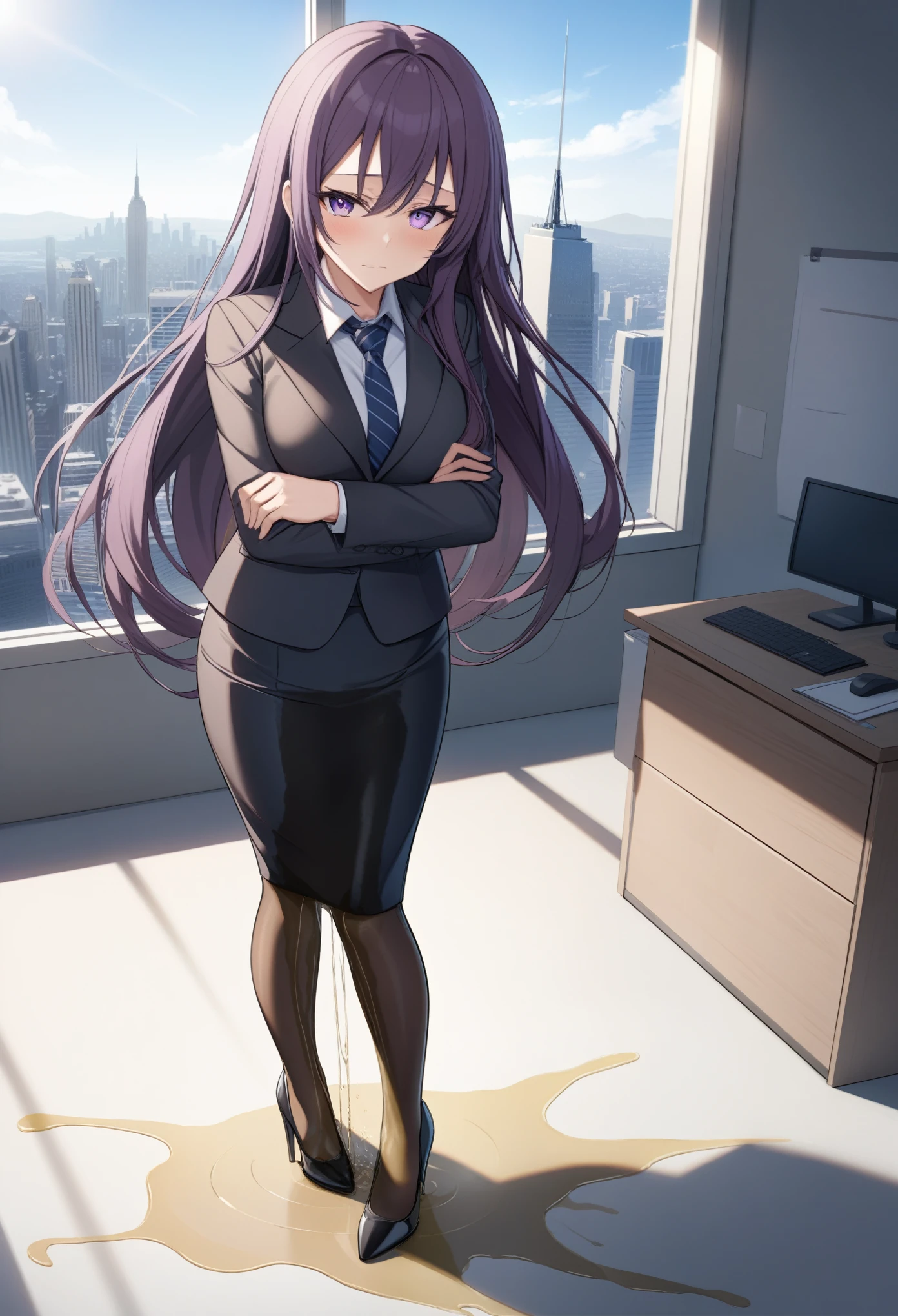 (masterpiece:1.37), best quality, (extremely detailed:1.37), office, window overlooking a bustling cityscape, woman, (mature:1.75), (very long hair:1.25), dark purple hair, purple eyes, (extremely detailed eyes:1.37) shining eyes, breasts, business suit, necktie, (very long pencil skirt:1.5), pantyhose, (wetting herself:1.5), standing, (arms crossed:1.5), (desperation:1.75), dignified, stoic expression, full body, high heels, day, daytime, glow, looking at viewer, perfect composition, Perfect light and shadow, 8K
