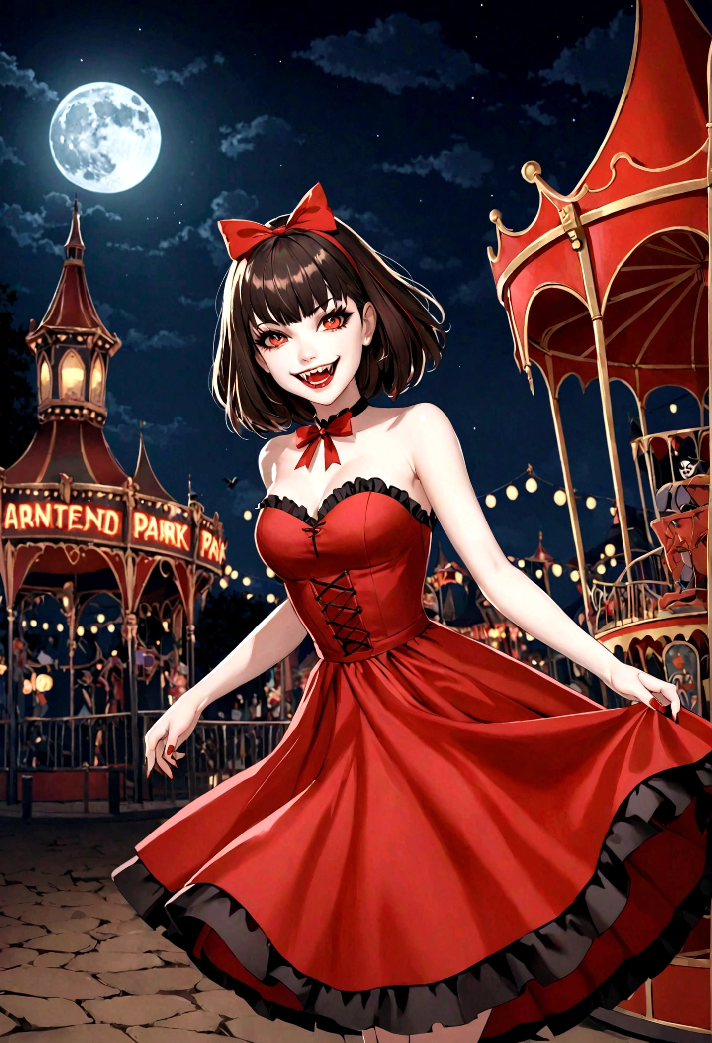 a vampire girl smiling, vampire teeth, (strapless_dress), (round toe) mary_janes, haunted amusement park at night, moon at background
