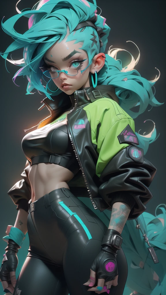 ((Best Quality)), ((Masterpiece)), ((Realistic)) and ultra-detailed photography of a 1nerdy girl with goth and neon colors. She has ((turquoise hair)), wears a techwear jacket and (black thong, red pattern:1.2) exudes a vibe ((beautiful and aesthetic)), sexy, underboobs, hot