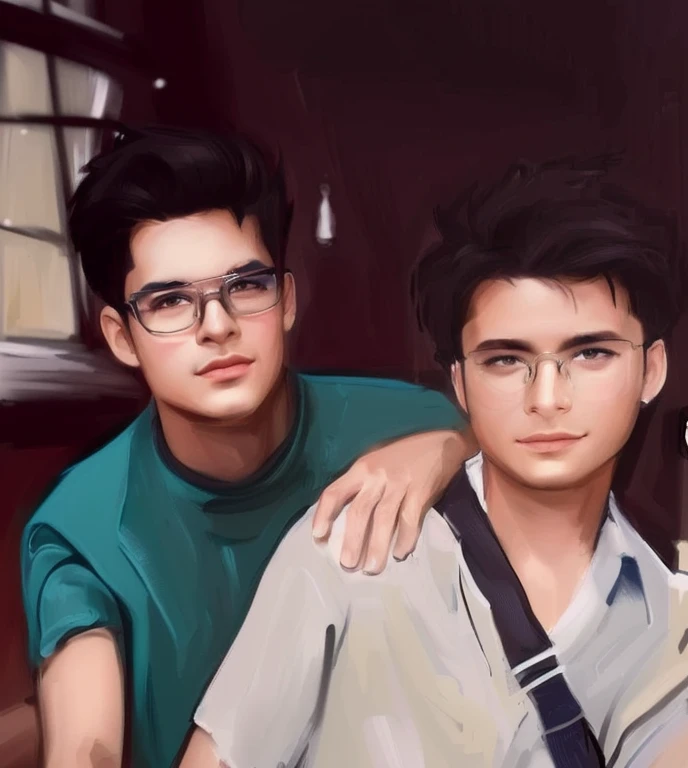 There were two handsome men wearing glasses sitting., high quality vertical, Portrait NFT, cartoon digital painting, digital portrait, Realistic digital drawing, digital art images, Portrait 3-D 8k, digital painting, color picture, High-quality digital paintings, photorealistic, Portrait of digital illustration, Stylish vertical style, realistic self portrait, Detailed character images