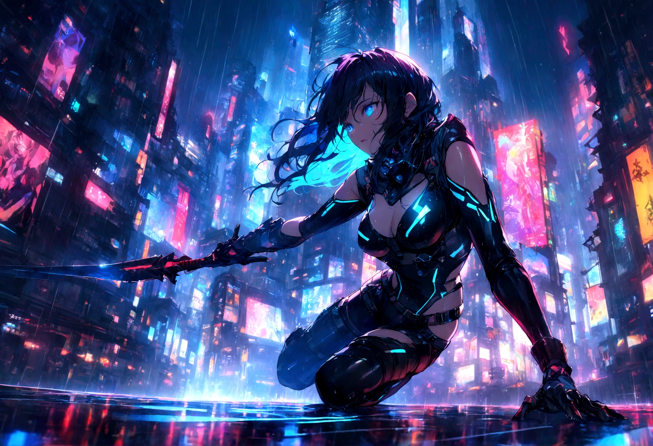 Sexy cyber ninja woman living in a dystopian world, Wearing a stylish black armor suit、, Glowing blue eyes and advanced cybernetic enhancements. Ninjas are seen in dynamic action poses, Jump over neon-lit rooftops, rain pouring down、reflection on a smooth surface. The cityscape below is filled with towering skyscrapers., illuminated by colorful holographic advertisements. Depicts a ninja sword, Its blade shines with blue energy, Ready for strike. The overall atmosphere is dark and mysterious., Has a futuristic techno vibe. The lighting is dramatic, Intense highlights and deep shadows, Creates depth and tension. Color Palette