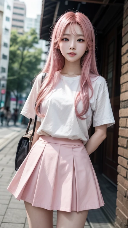 Korean woman, with long dyed pink hair, wearing a skirt short