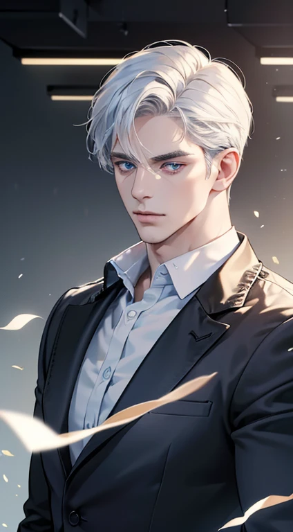 (best quality, masterpiece, 8K, photorealistic, cinematic lighting, hdr image, ultra detailed, beautiful image), 1 man, 31 years old, mature man, very handsome, (without expression, serious), short white hair, blue eyes ( penetrating gaze), perfect face without errors, imposing posture, without errors, businessman, office background