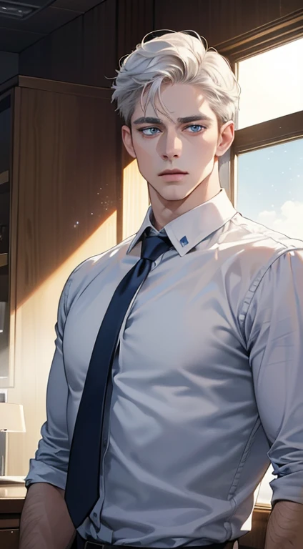 (best quality, masterpiece, 8K, photorealistic, cinematic lighting, hdr image, ultra detailed, beautiful image), 1 man, 31 years old, mature man, very handsome, (without expression, serious), short white hair, blue eyes ( penetrating gaze), perfect face without errors, imposing posture, without errors, businessman, office background