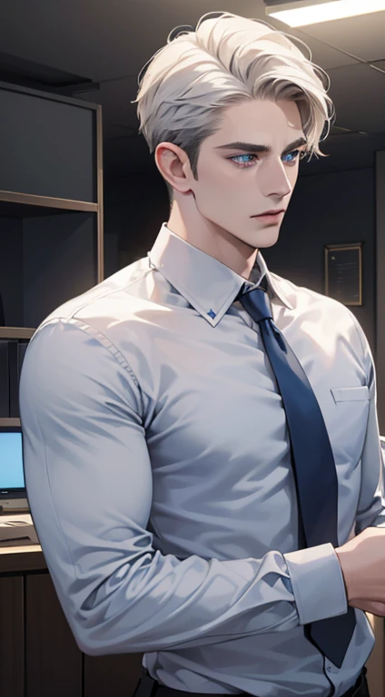 (best quality, masterpiece, 8K, photorealistic, cinematic lighting, hdr image, ultra detailed, beautiful image), 1 man, 31 years old, mature man, very handsome, (without expression, serious), short white hair, blue eyes ( penetrating gaze), perfect face without errors, imposing posture, without errors, businessman, office background