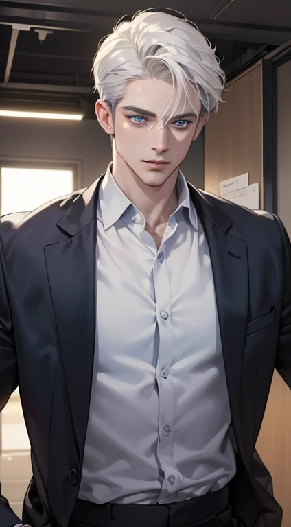 (best quality, masterpiece, 8K, photorealistic, cinematic lighting, hdr image, ultra detailed, beautiful image), 1 man, 31 years old, mature man, very handsome, (without expression, serious), short white hair, blue eyes ( penetrating gaze), perfect face without errors, imposing posture, without errors, businessman, office background