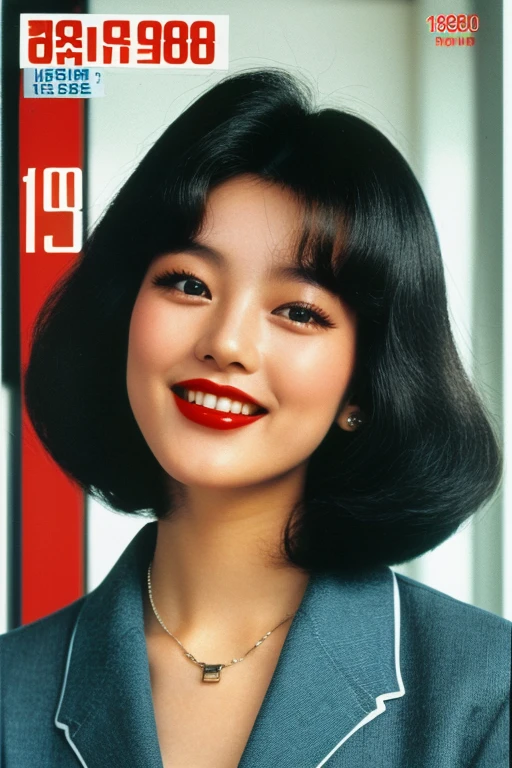 Korean 80s magazine cover of sunday seoul , Retro_Magazine , Seoul, 1982. A young korean girl, 24-year-old, sexy girl, strikingly beautiful, black hair, ((awe and joy expression)), ((((clothings from the 1980s)))), ((hairstyle of the 1980s)), erotic pose, big breasts, black hair, delicate facial features, porcelain skin, red lips, expressive eyes, in bold retro typography,