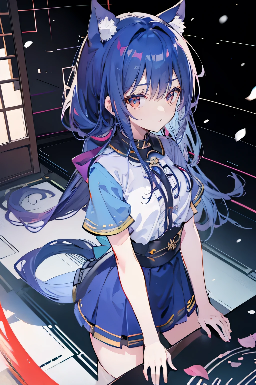 (masterpiece:1.2),Super detailed,lifelike,Expressive eyes,fair skin,perfect face shape,1 girl,
Japanese comics,Gorgeous blue hair,flowing blue hair,flowing clothes,Cat ears,Petals fall,beautiful lola,Baby Angel,
Shaking head with one hand,Cross your legs,Gentle and peaceful background,The pavilion is cool and comfortable,smile, wearing hoodie, background of tokyo,back views,snowing, winter,lie on the water. (Best Quality: 1.3), (Masterpiece: 1.3), (Illustration: 1.3), (Ultra Detailed: 1.3), (Imide Lens: 0.9), 1girl, Medium Breasts, Purple Eyes, ((Dark Blue Hair) ), hair accessories, young, clothing-gladiia, long hair, dark blue hair, indoors, black shorts, high socks, low ponytail, expressionless, upper body, close-up, coat, skirt,