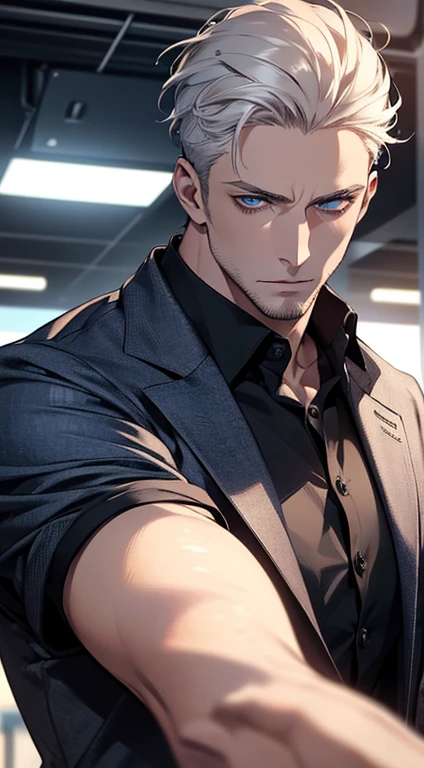 (best quality, masterpiece, 8K, photorealistic, cinematic lighting, hdr image, ultra detailed, beautiful image), 1 man, 31 years old, mature man, very handsome, (without expression, serious), short white hair, blue eyes ( penetrating gaze), perfect face without errors, imposing posture, without errors, businessman, office background