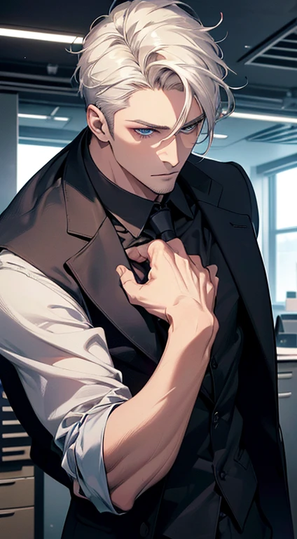 (best quality, masterpiece, 8K, photorealistic, cinematic lighting, hdr image, ultra detailed, beautiful image), 1 man, 31 years old, mature man, very handsome, (without expression, serious), short white hair, blue eyes ( penetrating gaze), perfect face without errors, imposing posture, without errors, businessman, office background