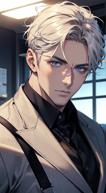 (best quality, masterpiece, 8K, photorealistic, cinematic lighting, hdr image, ultra detailed, beautiful image), 1 man, 31 years old, mature man, very handsome, (without expression, serious), short white hair, blue eyes ( penetrating gaze), perfect face without errors, imposing posture, without errors, businessman, office background