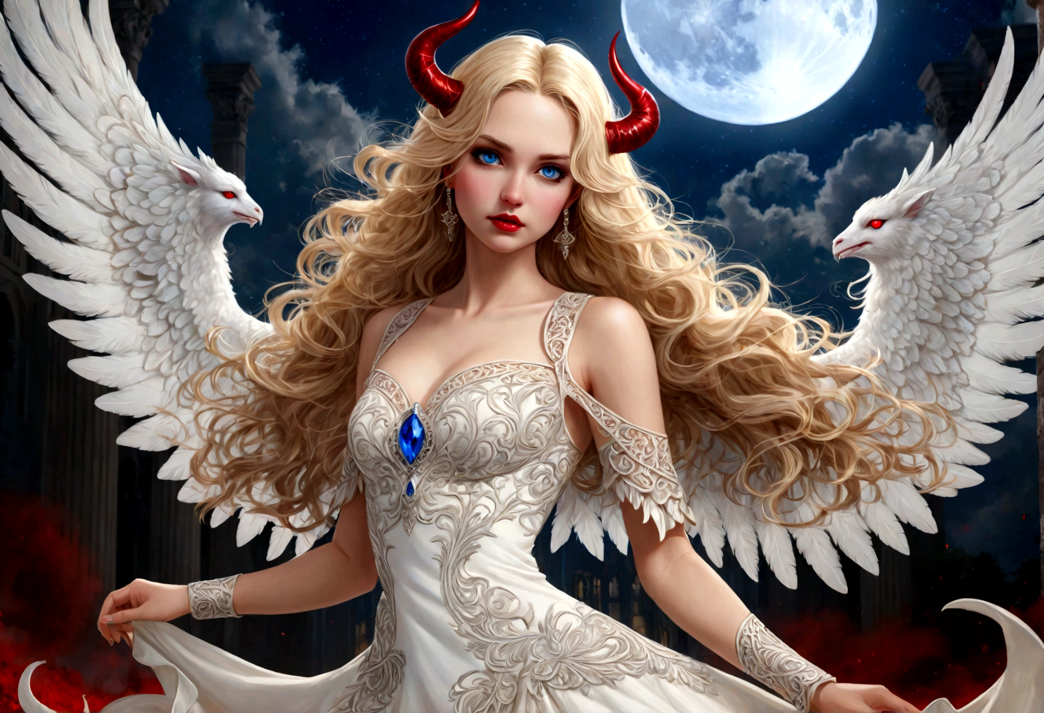 fantasy art, RPG art [[a picture of 2 women]], single1 female angel, wearing white dress, pale skin, beautiful face, blond hair, long hair wavy hair, blue eyes, high heeled boots, wearing a dress (Masterpiece, intricate details: 1.5), large angelic wings, white angelic wings spread AND a single1 female demon, red skin  demonic wings, black demonic wings spread, demonic horns, red skin, black hair, red eyes, beautiful face, wearing a dress (Masterpiece, intricate details: 1.5), high heels, in the border between heaven and hell, moon, stars, clouds, god rays, soft natural light silhouette, dynamic angle,  photorealism, panoramic view  Wide-Angle, Ultra-Wide angle, ultra best realistic, best details, 16k, [ultra detailed], masterpiece, best quality, (extremely detailed), photorealism, depth of field, hyper realistic painting